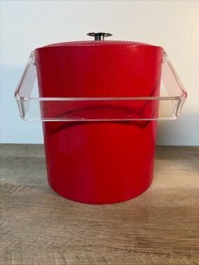 MCM Red Vinyl Faux Snakeskin 9.5” Ice Bucket w/ Lucite Clear Handle & Lid